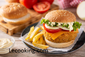 crispy chicken burger with cheese french fries wooden table 123827 18237