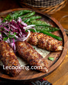 side view lula kebab with red onions sumakh grilled green chili peppers wooden board 140725 11481